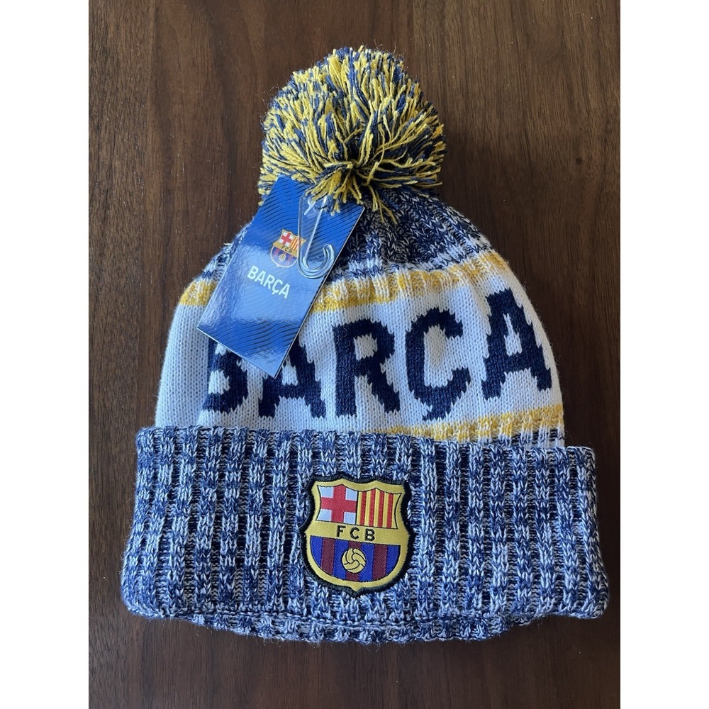FC Barcelona Soccer Beanie BARCA Unisex Hat Pom Pom‎ One Size Knit Fleece NWT